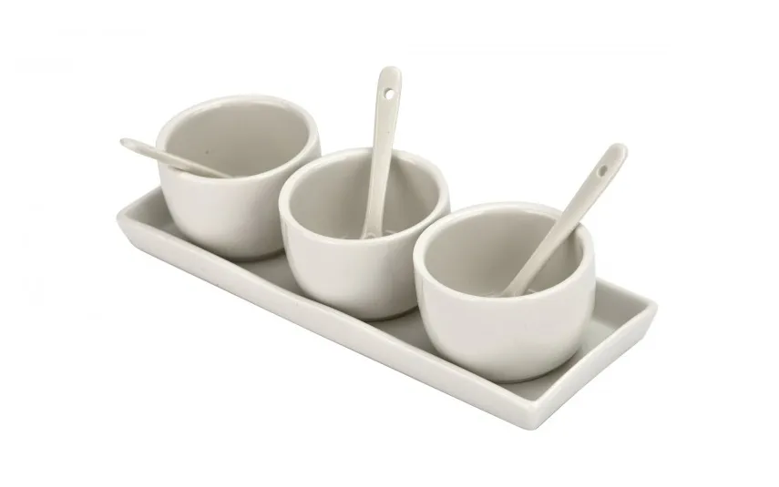 MPLCo Biały zestaw ceramiczny do dipów taca + 3 miski Sale