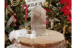 Ewax Ceramiczna ozdoba Kamieniczka LED świecąca srebrna duża 20 cm Fashion