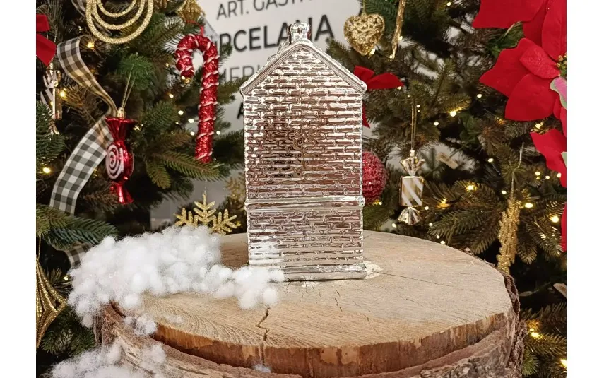 Ewax Ceramiczna ozdoba Kamieniczka LED świecąca srebrna duża 20 cm Fashion
