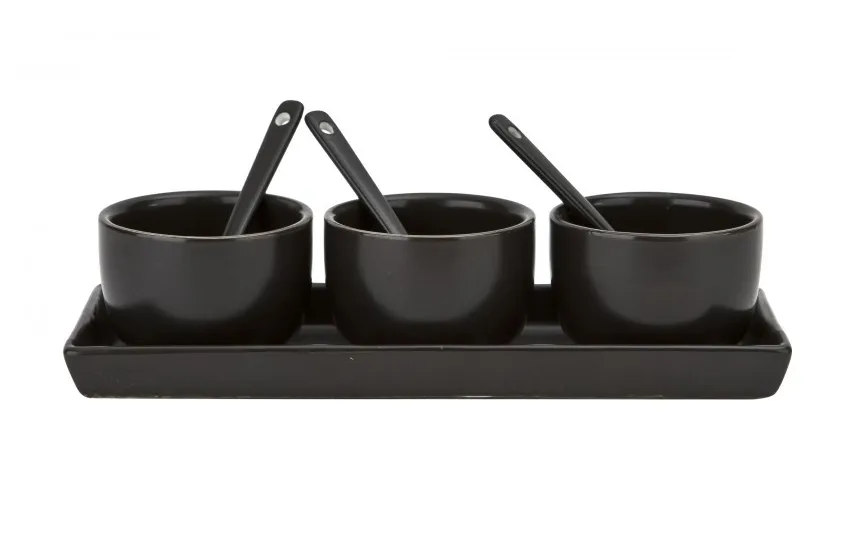 MPLCo Czarny zestaw ceramiczny do dipów taca + 3 miski Fashion