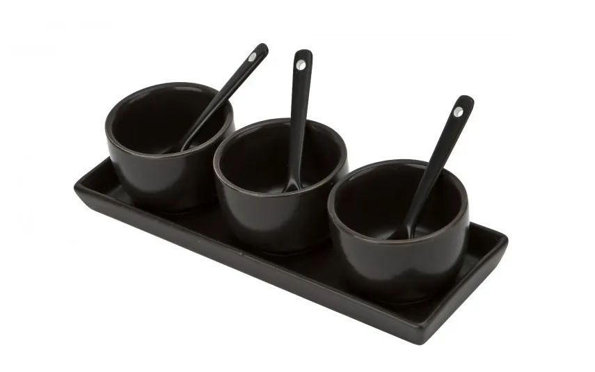MPLCo Czarny zestaw ceramiczny do dipów taca + 3 miski Fashion