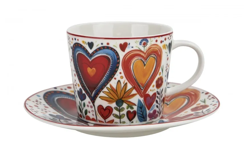 Duo Filiżanka porcelanowa 220 ml + spodek Kolorowe Serca 2 Outlet