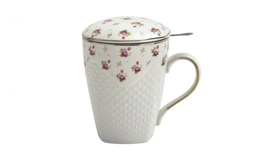 Veroni Kubek porcelanowy 430 ml z zaparzaczem Kwiatki Valentina 713019 Fashion