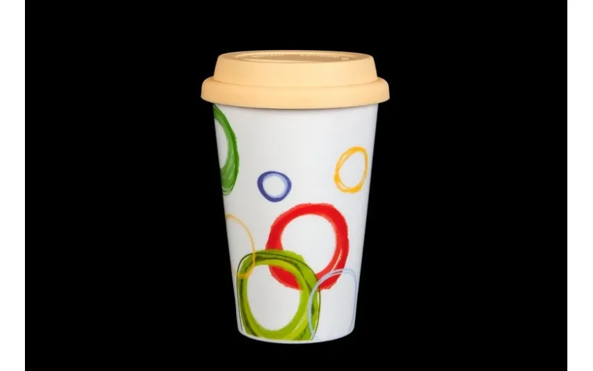 Witek Home Kubek porcelanowy 400ml Koła żółta pokrywa silikonowa Outlet