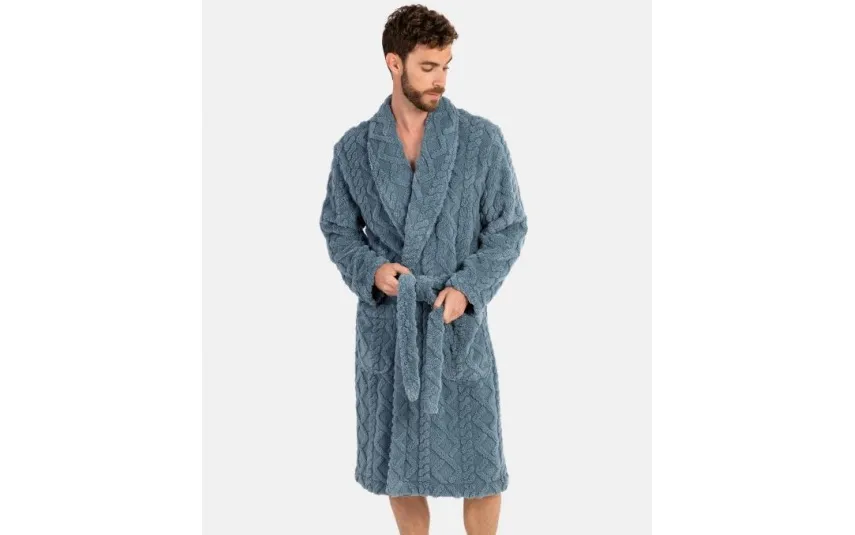 Massana Homewear Szlafrok męski polarowy L746311- L długi szaro-niebieski warkocz Best