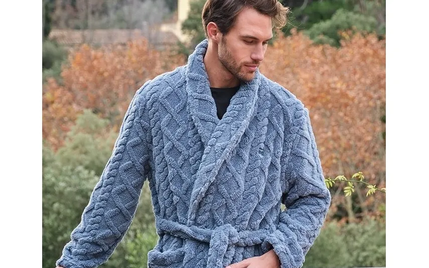 Massana Homewear Szlafrok męski polarowy L746311- XL długi szaro-niebieski warkocz Clearance