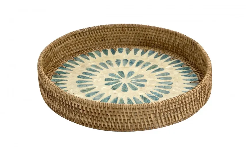 MPLCo Taca dekoracyjna rattanowa 30cm Natural niebieska okragła Sale
