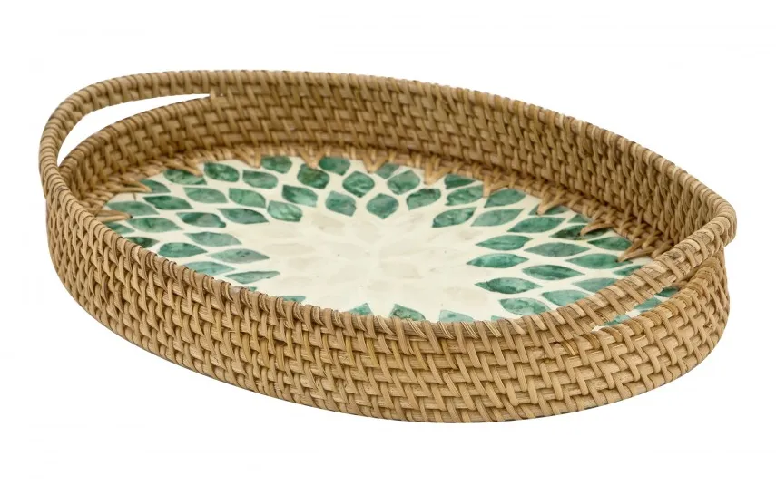 MPLCo Taca dekoracyjna rattanowa 35,5x22x3cm Natural turkusowa owalna Online