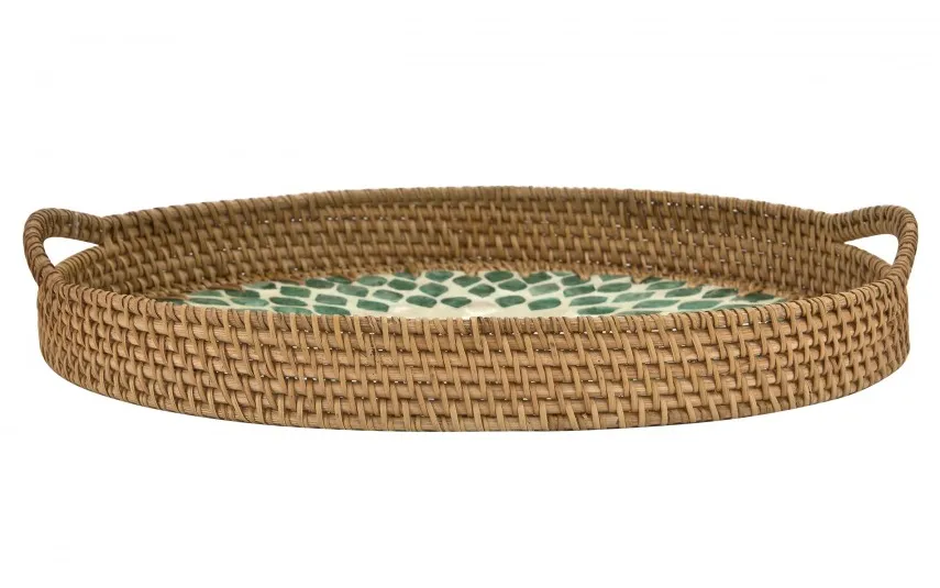 MPLCo Taca dekoracyjna rattanowa 41,5x30x4,5cm Natural turkusowa owalna New